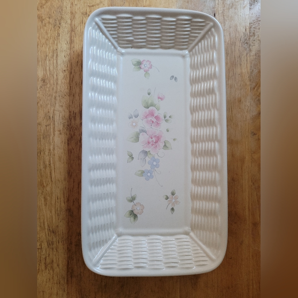 Pfaltzgraff  VINTAGE  Tea Rose Rectangle Bread Tray 12.5"  Flower ~ Basketweave